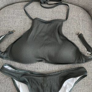 CUPSHE Green Ribbed Bikini Set (Small)